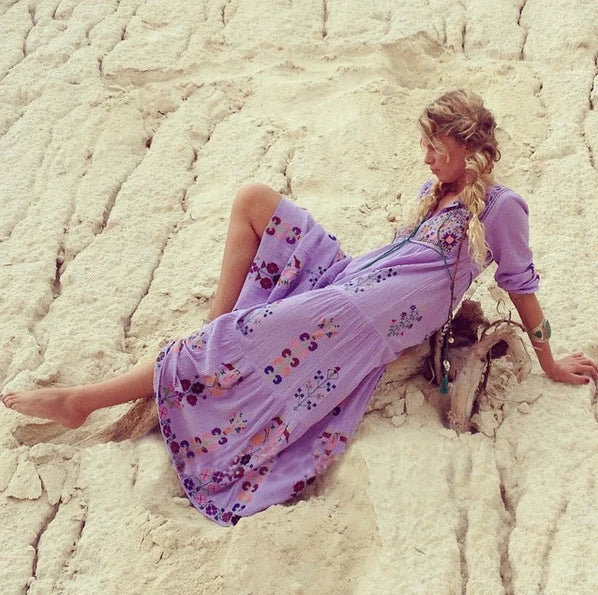 Long Sleeve  Ethnic  Tunic  Maxi  Vintage  White  Cotton  Floral Embroidery  Loose  Autumn Boho Dress
