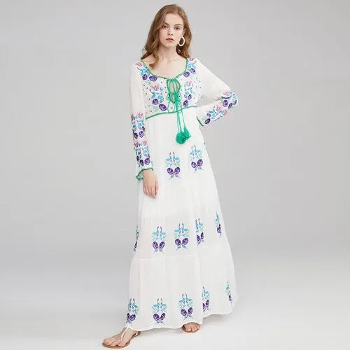 Long Sleeve  Ethnic  Tunic  Maxi  Vintage  White  Cotton  Floral Embroidery  Loose  Autumn Boho Dress