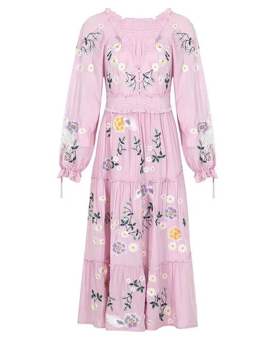 Pink  Embroidery Floral  Women  Casual  Long Sleeve  2025 Vintage  Loose  High Waist  Robe Boho Dress