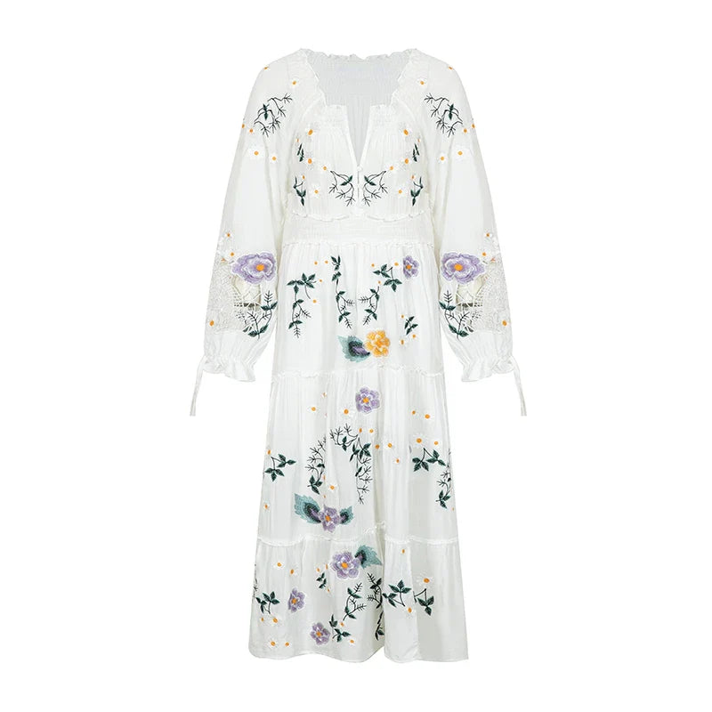 Pink  Embroidery Floral  Women  Casual  Long Sleeve  2025 Vintage  Loose  High Waist  Robe Boho Dress