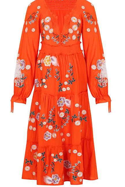 Pink  Embroidery Floral  Women  Casual  Long Sleeve  2025 Vintage  Loose  High Waist  Robe Boho Dress