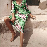Sexy  Deep V Neck  Backless  Maxi  Women  Beach  Cotton Linen Print  Long Sleeve  Autumn  Party  Vestidos Boho Dress