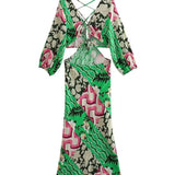 Sexy  Deep V Neck  Backless  Maxi  Women  Beach  Cotton Linen Print  Long Sleeve  Autumn  Party  Vestidos Boho Dress