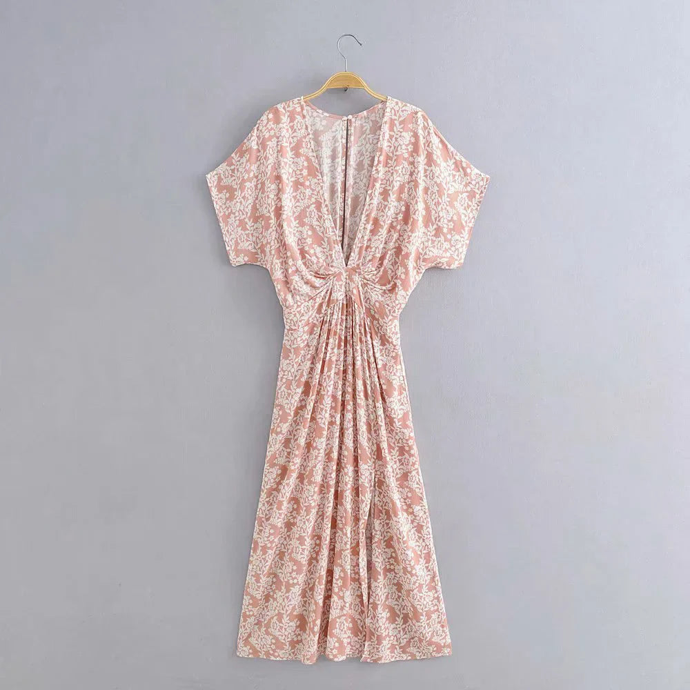 Sexy  Deep V Neck  Maxi  Women  Vestidos  2025  Vintage Floral Print  Side Split  Summer  Beach  Casual Boho Dress
