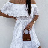 Sexy  Off Shoulder  Mini  White  Floral Embroidery  Lace  Casual  Short  Beach Wear  Party Boho Dress