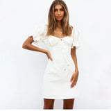 Sheath  Mini  Women  White Cotton  Elegant  Puff Sleeve  Summer  Square Collar  Bohemian  Short Dress  Vestidos Boho Dress