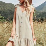 Summer  Backless  Beach  Sexy  Deep V-Neck  Bow Strap  Khaki  Knee-length  Bohemia Boho Dress