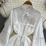Vintage  Embroidery  White  Lace  Puff  Long Sleeve  Mini  Autumn  Elegant Boho Dress