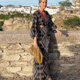 Vintage  Ethnic Embroidery  Women  Party  Sexy  Deep V-neck  Backless  Long Sleeve  Beach  Summer  Vestidos  Boho Dress