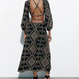 Vintage  Ethnic Embroidery  Women  Party  Sexy  Deep V-neck  Backless  Long Sleeve  Beach  Summer  Vestidos  Boho Dress