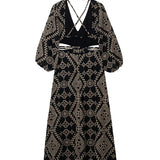 Vintage  Ethnic Embroidery  Women  Party  Sexy  Deep V-neck  Backless  Long Sleeve  Beach  Summer  Vestidos  Boho Dress
