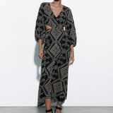 Vintage  Ethnic Embroidery  Women  Party  Sexy  Deep V-neck  Backless  Long Sleeve  Beach  Summer  Vestidos  Boho Dress