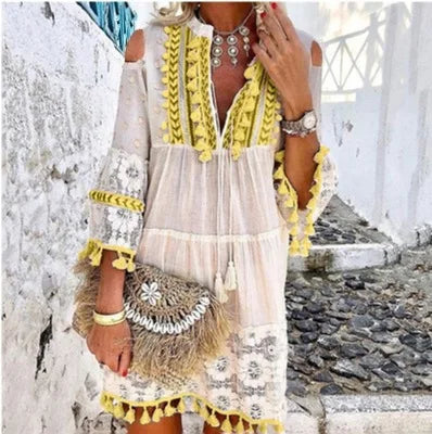 Vintage  Long Sleeve  Mini  Women  Beach Wear  Deep V  Tassel  Summer  2025  Floral Embroidery  Lace  Vestidos Boho Dress