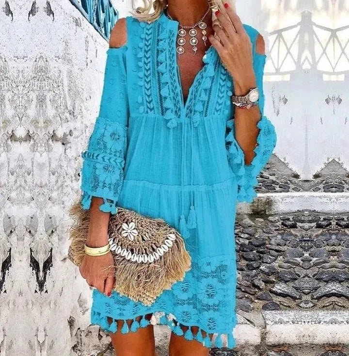 Vintage  Long Sleeve  Mini  Women  Beach Wear  Deep V  Tassel  Summer  2025  Floral Embroidery  Lace  Vestidos Boho Dress