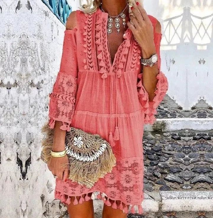 Vintage  Long Sleeve  Mini  Women  Beach Wear  Deep V  Tassel  Summer  2025  Floral Embroidery  Lace  Vestidos Boho Dress