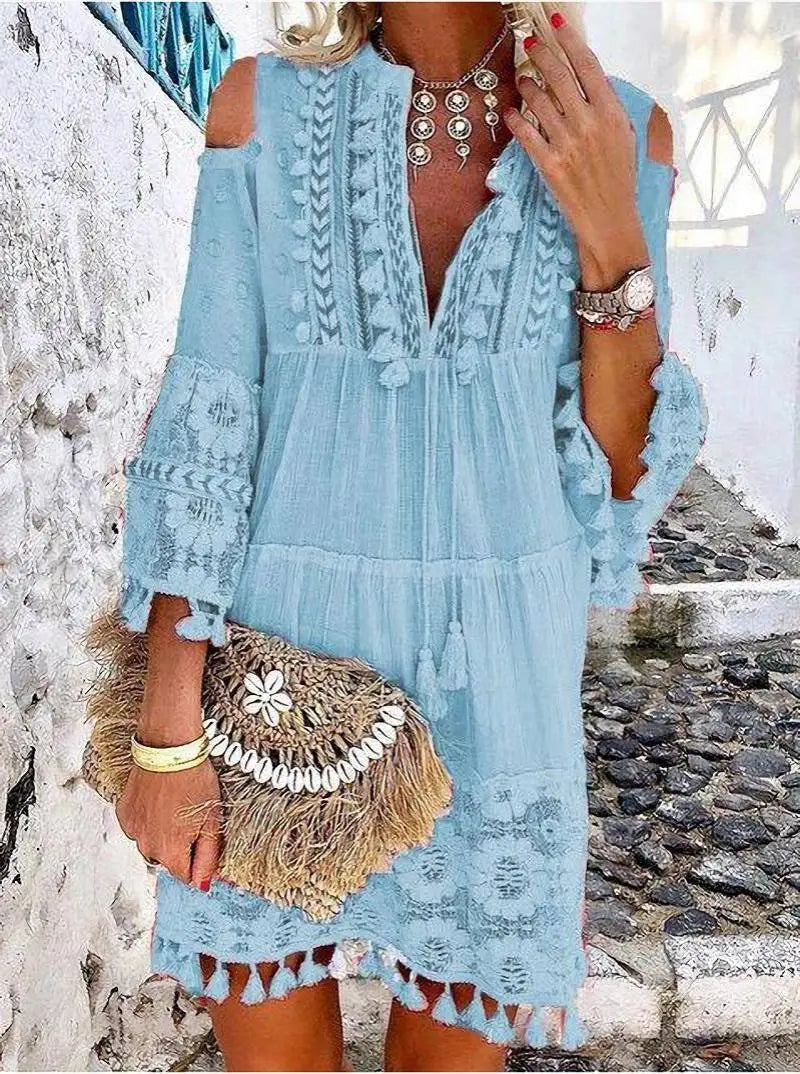 Vintage  Long Sleeve  Mini  Women  Beach Wear  Deep V  Tassel  Summer  2025  Floral Embroidery  Lace  Vestidos Boho Dress