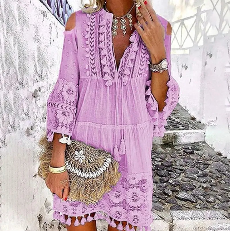 Vintage  Long Sleeve  Mini  Women  Beach Wear  Deep V  Tassel  Summer  2025  Floral Embroidery  Lace  Vestidos Boho Dress