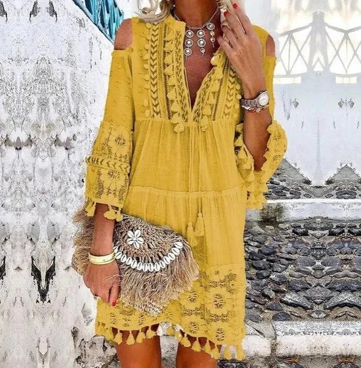 Vintage  Long Sleeve  Mini  Women  Beach Wear  Deep V  Tassel  Summer  2025  Floral Embroidery  Lace  Vestidos Boho Dress