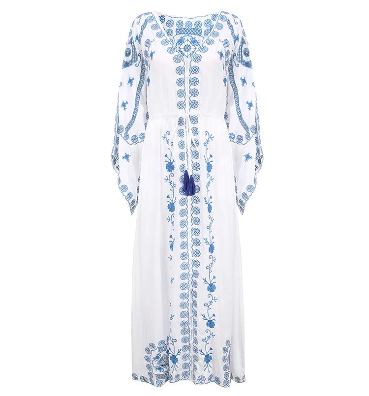 Hollow  Floral Embroidery  Long Sleeve  Strap  Maxi  White  Vintage  V Neck  Beach Ladies Boho Dress