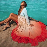 Chiffon Long Sleeve Maxi Women 2025 Deep V Neck Sexy Irregular Rainbow Ruffles Beach Party Vestidos Boho Dress