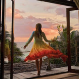 Chiffon Long Sleeve Maxi Women 2025 Deep V Neck Sexy Irregular Rainbow Ruffles Beach Party Vestidos Boho Dress