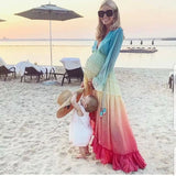 Chiffon Long Sleeve Maxi Women 2025 Deep V Neck Sexy Irregular Rainbow Ruffles Beach Party Vestidos Boho Dress
