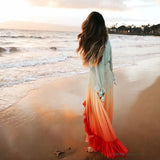Chiffon Long Sleeve Maxi Women 2025 Deep V Neck Sexy Irregular Rainbow Ruffles Beach Party Vestidos Boho Dress