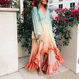 Chiffon Long Sleeve Maxi Women 2025 Deep V Neck Sexy Irregular Rainbow Ruffles Beach Party Vestidos Boho Dress