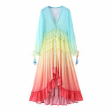 Chiffon Long Sleeve Maxi Women 2025 Deep V Neck Sexy Irregular Rainbow Ruffles Beach Party Vestidos Boho Dress