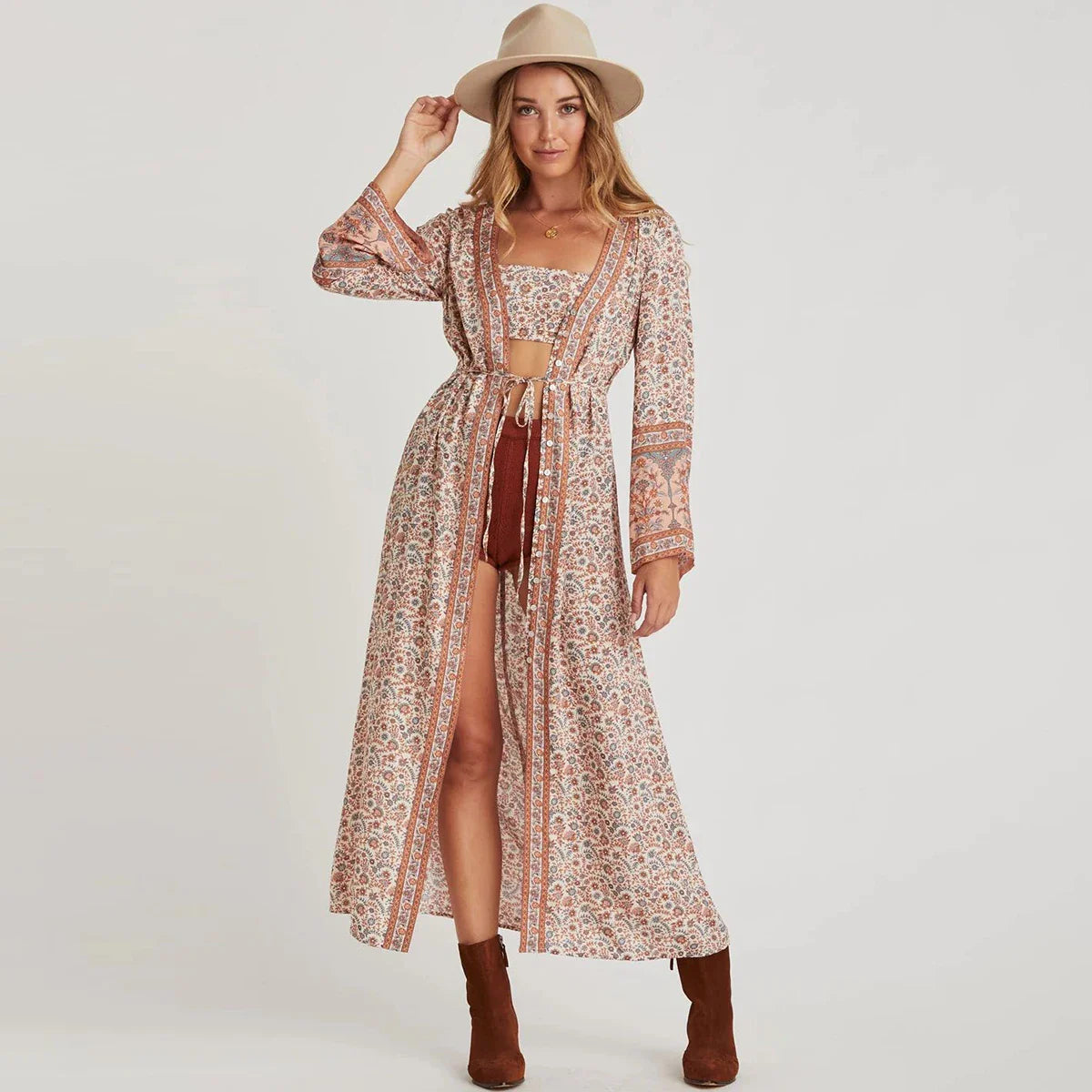 Flare Long Sleeve  Maxi  Women  Vintage  Cotton Floral Print  Deep V-neck  Fall Autumn  Beach  Vestidos  Robe Boho Dress