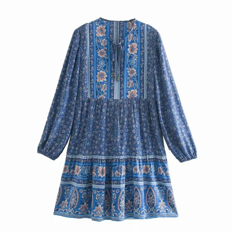 Lantern Long Sleeve  Mini  Women  Floral Print  Tunic  Robe  Autumn  Short  Vintage  V-neck  Loose  Vestidos Boho Dress