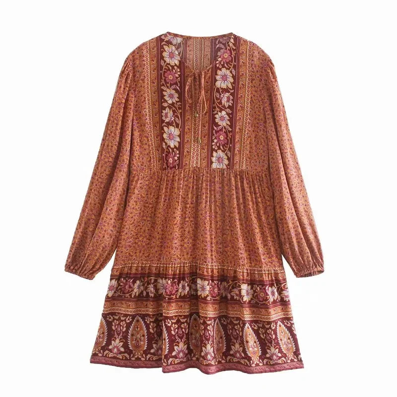 Lantern Long Sleeve  Mini  Women  Floral Print  Tunic  Robe  Autumn  Short  Vintage  V-neck  Loose  Vestidos Boho Dress