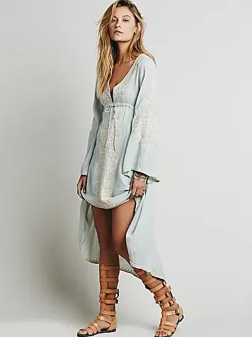 Long Sleeve  Women  Tunic  Vintage  Floral Embroidered  Cotton  Long  Casual  Hippie  Asymmetric Robe Boho Dress
