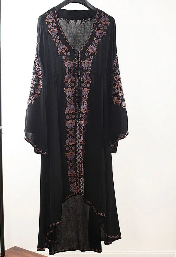 Long Sleeve  Women  Tunic  Vintage  Floral Embroidered  Cotton  Long  Casual  Hippie  Asymmetric Robe Boho Dress