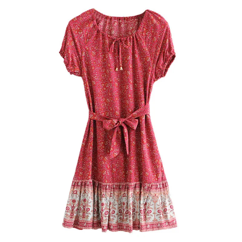 Puff  Print  Short Sleeve  Mini  Vintage  Red Floral  Beach  Summer  Cotton Boho Dress