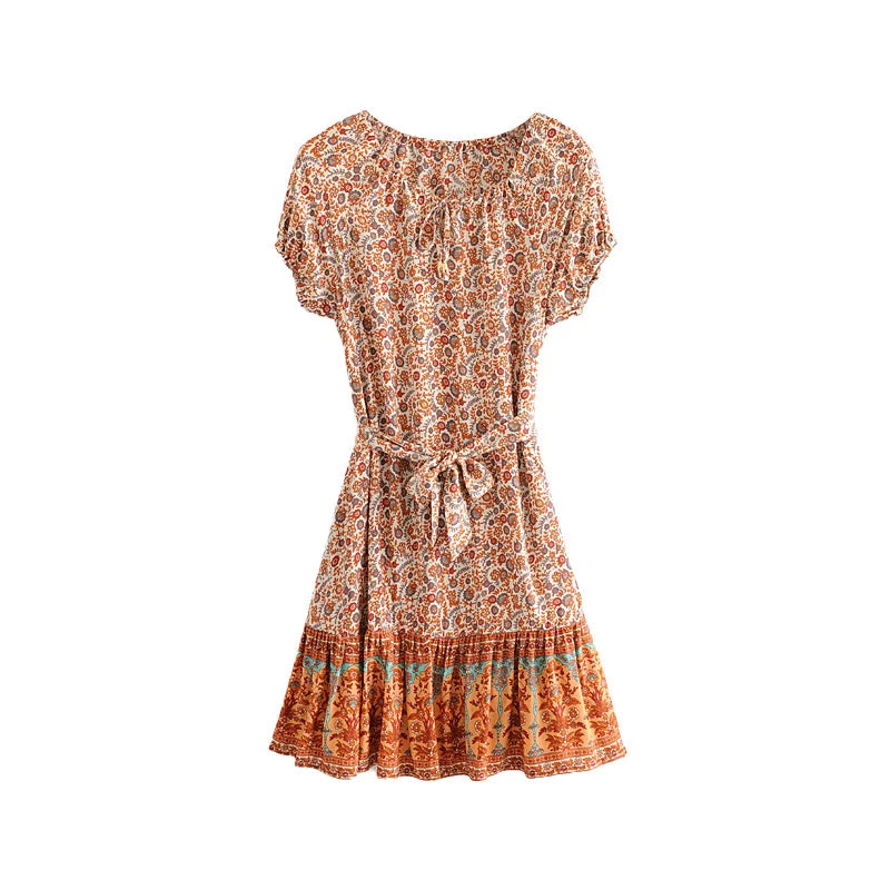 Puff  Print  Short Sleeve  Mini  Vintage  Red Floral  Beach  Summer  Cotton Boho Dress