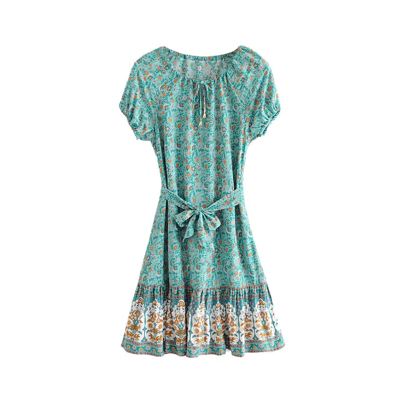 Puff  Print  Short Sleeve  Mini  Vintage  Red Floral  Beach  Summer  Cotton Boho Dress