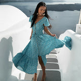 Sexy  Backless  Maxi  Summer  2025  Cotton  Blue Floral Print  Beach  V Neck  Vestidos  Casual  Women  Robe Boho Dress