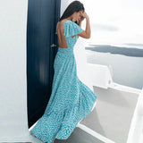 Sexy  Backless  Maxi  Summer  2025  Cotton  Blue Floral Print  Beach  V Neck  Vestidos  Casual  Women  Robe Boho Dress