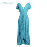 Sexy  Backless  Maxi  Summer  2025  Cotton  Blue Floral Print  Beach  V Neck  Vestidos  Casual  Women  Robe Boho Dress