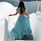Sexy  Backless  Maxi  Summer  2025  Cotton  Blue Floral Print  Beach  V Neck  Vestidos  Casual  Women  Robe Boho Dress
