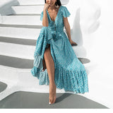 Sexy  Backless  Maxi  Summer  2025  Cotton  Blue Floral Print  Beach  V Neck  Vestidos  Casual  Women  Robe Boho Dress