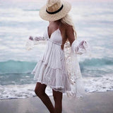 Sexy  Deep V Neck  Sleeveless  Backless  Mini  Women  Summer  Beach  Lace  Vestidos  2025  Boho Dress