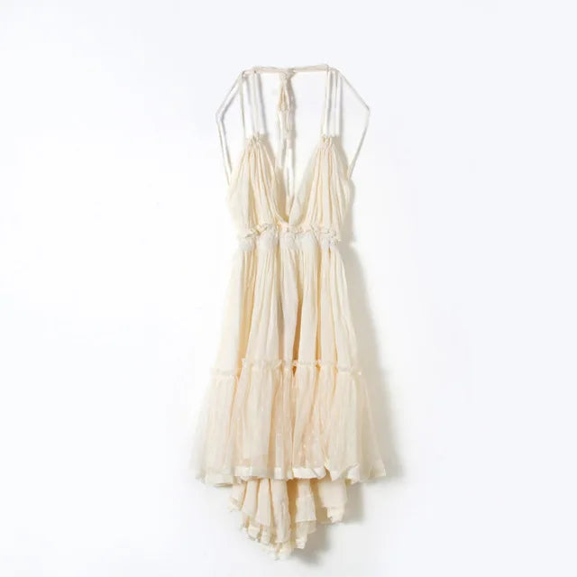 Sexy  Deep V Neck  Sleeveless  Backless  Mini  Women  Summer  Beach  Lace  Vestidos  2025  Boho Dress