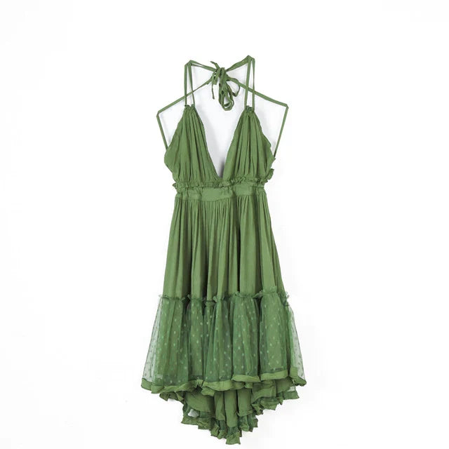 Sexy  Deep V Neck  Sleeveless  Backless  Mini  Women  Summer  Beach  Lace  Vestidos  2025  Boho Dress