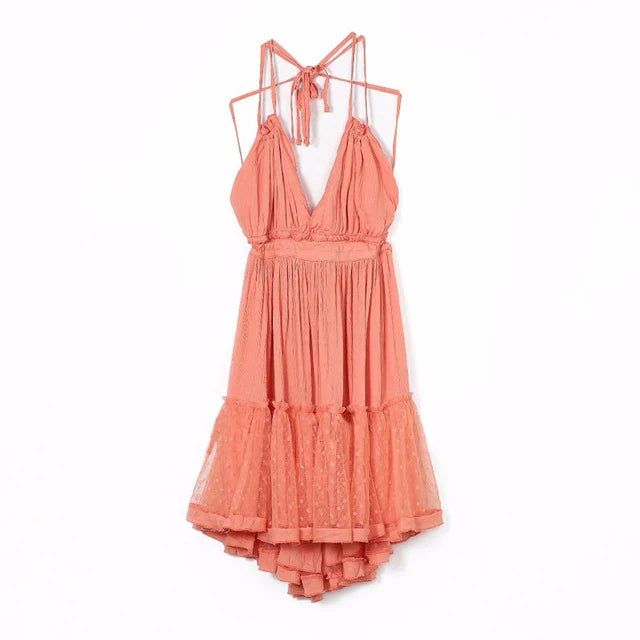 Sexy  Deep V Neck  Sleeveless  Backless  Mini  Women  Summer  Beach  Lace  Vestidos  2025  Boho Dress