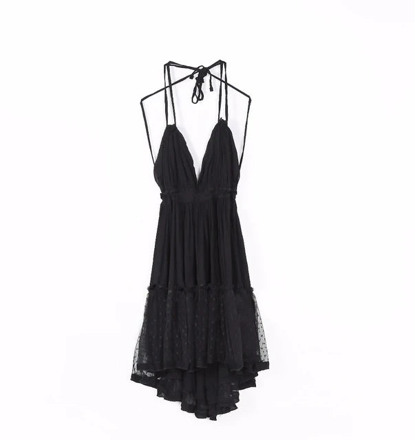 Sexy  Deep V Neck  Sleeveless  Backless  Mini  Women  Summer  Beach  Lace  Vestidos  2025  Boho Dress