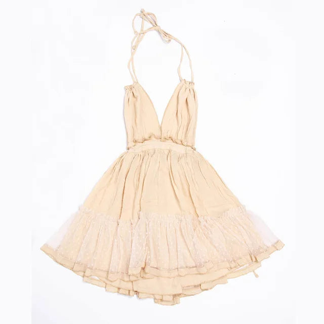 Sexy  Deep V Neck  Sleeveless  Backless  Mini  Women  Summer  Beach  Lace  Vestidos  2025  Boho Dress