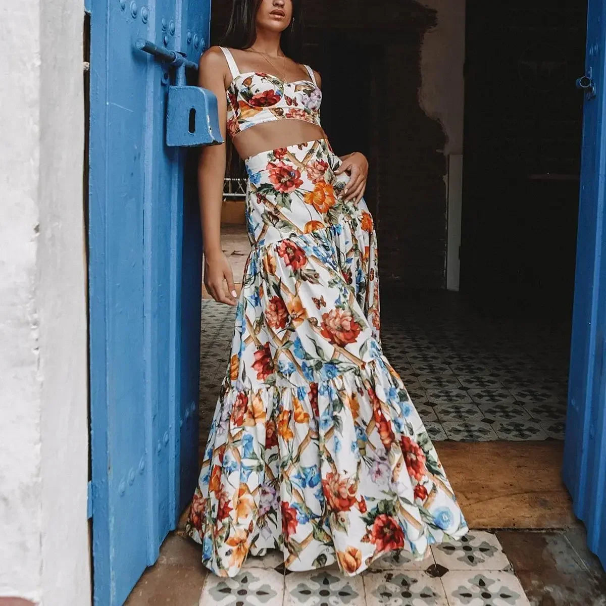 Sleeveless Maxi  Women  2 Piece Set  Vintage Floral Print  Bohemian  Summer  Vestidos  Beach  Robe  2025  3XL Boho Dress