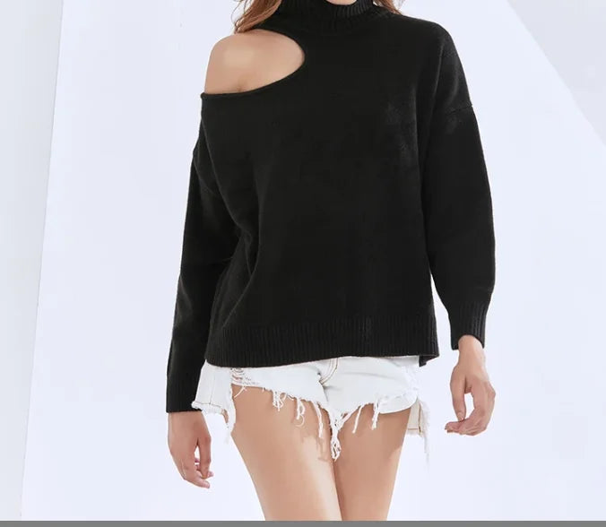 Turtleneck Solid Hole Hollow Out Sweater